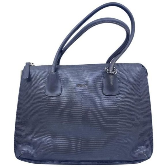 Furla Unique Vintage Snake Print Metal Side Supports Gray Leather Tote - Picture 1 of 10